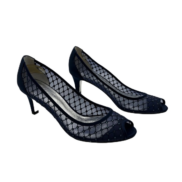 Adrianna Papell Shoes - Adrianna Papell Jamie Leather Peep Toe Heels Navy Blue Rhinestone Mesh Luxury 10